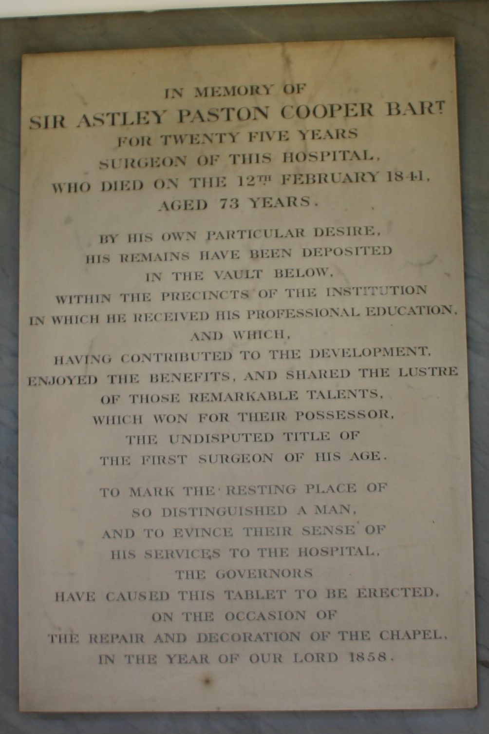 Astley Paston Cooper S Memorial Tablet